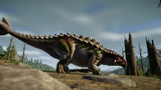Armored Herbivore: Spiked Dinosaur Walking in a Prehistoric Landscape.