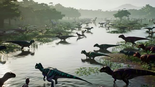 Prehistoric Herd: Ornithopod Dinosaurs Crossing Marshland River.