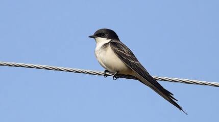 House Martin (Delichon urbicum) on Wire, Birds of Montenegro. Graceful Swallow with Distinctive White Rump and Blue-Black Plumage