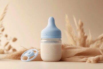 Light Blue Baby Bottle with Milk and Beige Fabric Background