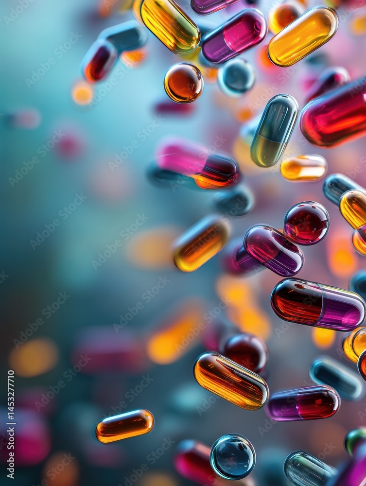 Fototapete Floating Capsules Create an Abstract Visual Amid Soft Gradient Background, Depicting a World of Medicine and Healing Generative AI