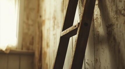 Wooden Ladder Leaning Against Aged Wall Inside Building