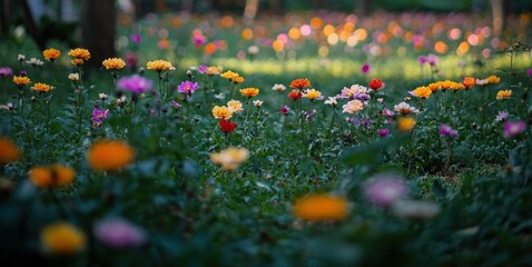 A vibrant garden scene with colorful flowers and lush foliage