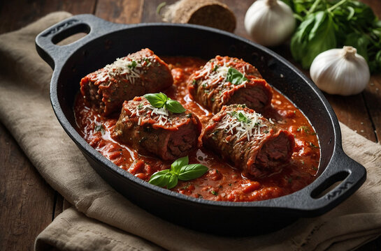Savory beef braciole rolls braised in a vibrant tomato sauce, sprinkled with herbs