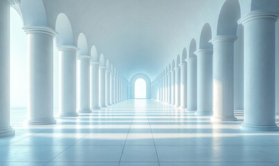 Obraz premium Empty, bright colonnaded hall of light and shadows.