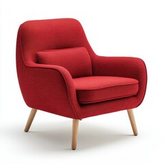 Fototapeta premium Red Textured Armchair with Light Brown Wooden Legs on White Background