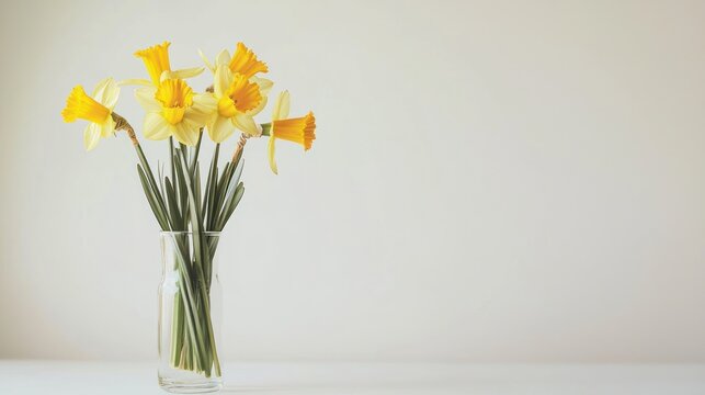 Tall slender glass vase with dried yellow daffodils on white background.