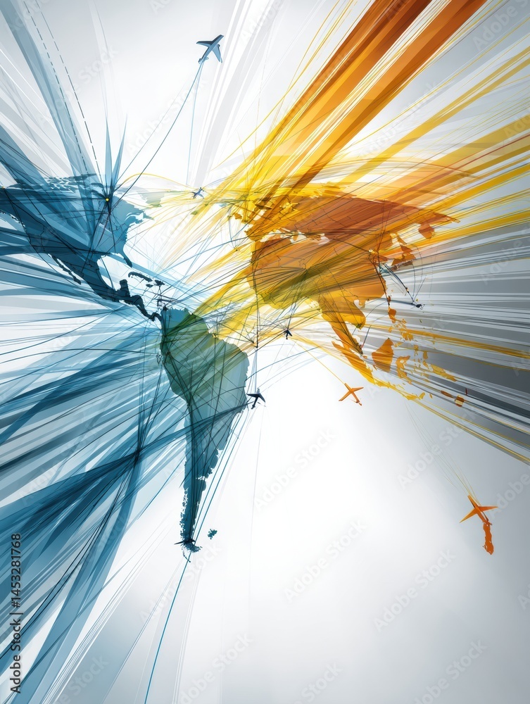 Poster connecting flight paths illustrate global travel between continents and enhance international connec