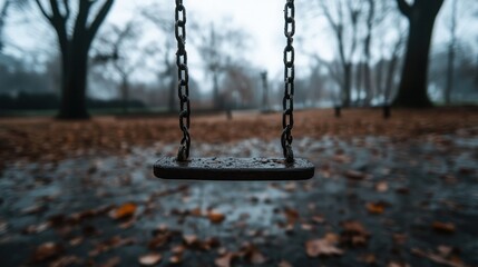 An empty swing in a rainy park setting.