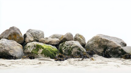 Textured rocks with patches of moss on beach sand on white background.