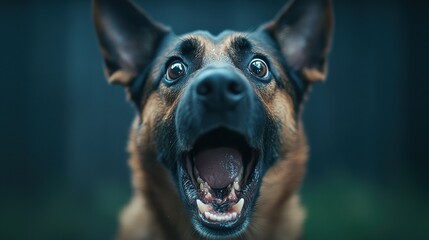 Obraz premium Close-up of a surprised dog with open mouth and expressive eyes, showcasing its emotions.