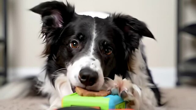 Adorable black and white Border Collie dog lying indoors uses its paw to carefully retrieve a tasty treat from a colourful toy