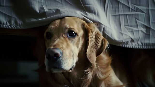 Scared golden retriever dog seeking shelter under the bed during a dramatic thunderstorm with lightning flashes
