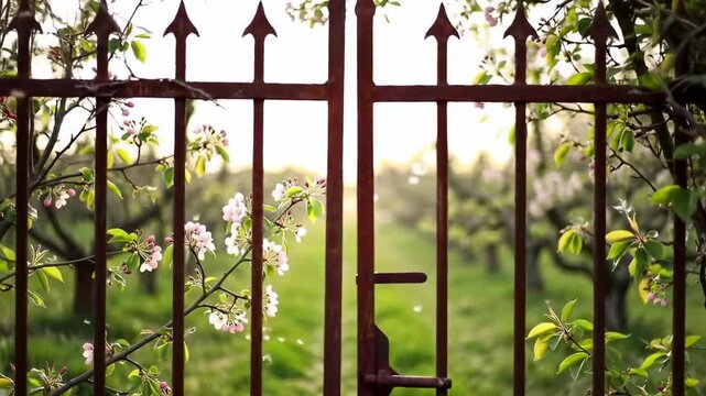 Rustic iron gate opening to a blooming orchard at sunset, surrounded by vibrant greenery - metal gate