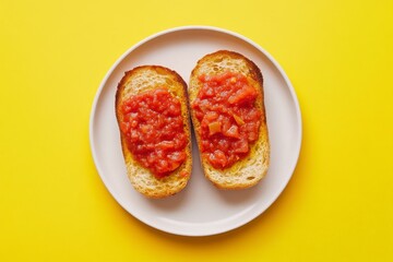 Two Toasted Bread Slices with Red Tomato Relish on Beige Plate, Yellow Background