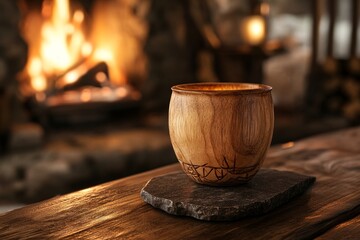 Wooden cup rests on a stone coaster near a warm fire.