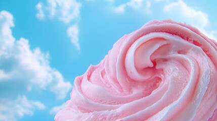 Delicious pink ice cream swirl against a clear blue sky with soft clouds.