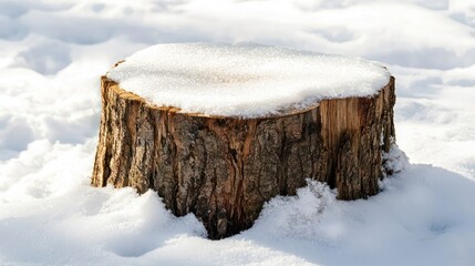 Tree stump in bright winter sunlight, sparkling snow on top, on white background