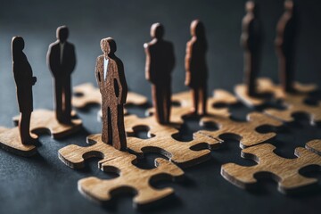 Wooden Puzzle Pieces Representing Business Team, One Leader Standing Out