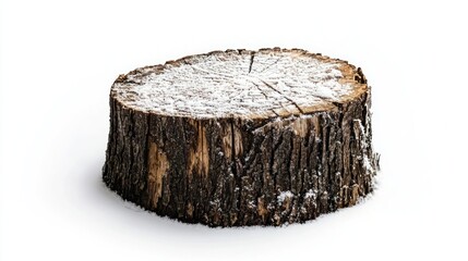 Tree stump in early winter, lightly dusted with the first snowfall, on white background