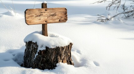 Tree stump in snow with an old-fashioned wooden signpost sticking out of it, on white