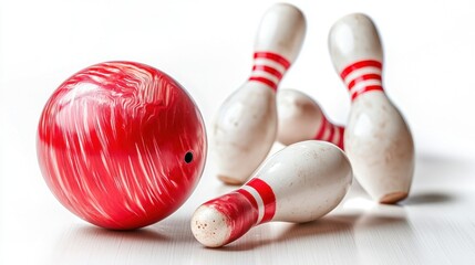 triking down pins with a bowling ball on white background.