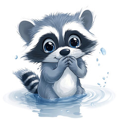 A Cartoon Raccoon Washing Itself in a Stream Isolated on Transparent Background