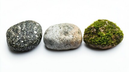 Trio of mossy river rocks with subtle earthy tones on white background.