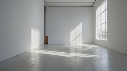 Obraz premium Sunlit Minimalist Empty Room Interior Design Modern Architecture White Walls Concrete Floor Large
