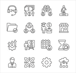 Fototapeta premium Business management icon set. Contains icon of businessman, target, accounting, finance, profit, success, data, customer service, work, store, shop, meeting, education, idea. Vector illustration