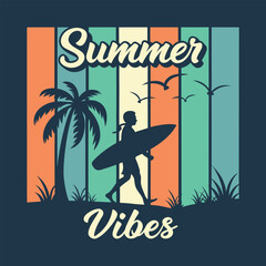 Summer Vibes Retro t shirt design Surfing Silhouette on a Coastal Beach Scene
