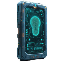 Futuristic device interface with human head scan technology display art on transparent background