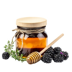 Jar of Honey and Blackberries Isolated on Transparent Background