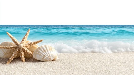 A starfish and two shells are on a beach