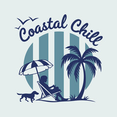 Summer T shirt Design Coastal Chill Beach Scene with Palm Tree and Relaxing Person