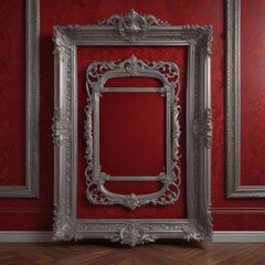 Intricate silver frames against deep red damask, vintage aesthetic ,  silver frame,  retro texture,  damask