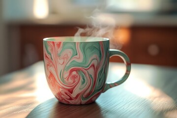 Fototapeta premium Colorful ceramic mug with swirling patterns, steaming hot drink.