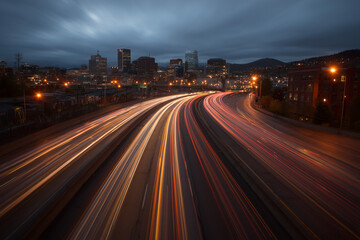 Obraz premium Highway Traffic at Dusk with Light Trails from Moving Cars