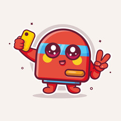 happy air purifier character mascot taking a selfie with a smartphone isolated cartoon 