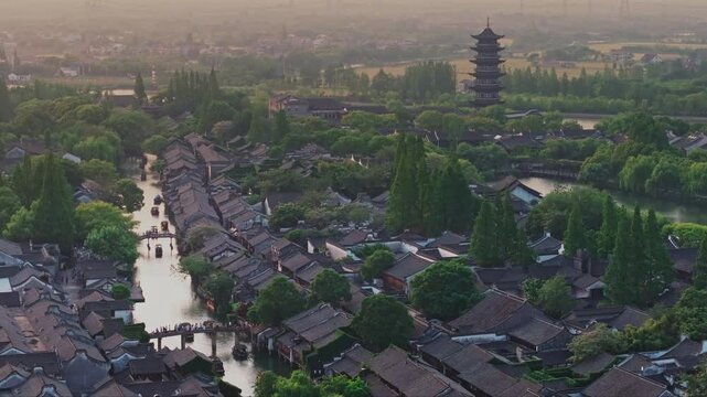 Scenery of ancient buildings of JiangNan water old town at dawn