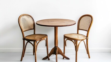 Fototapeta premium Vintage wooden table with two cane chairs on white background.