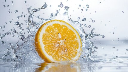 Water splashes with a lemon slice falling in on white background