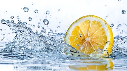 Water splashes with a lemon slice falling in on white background