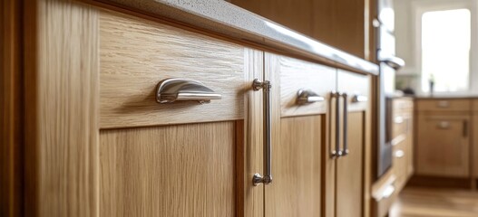 Obraz premium Elegant Oak Kitchen Cabinetry with Brushed Nickel Hardware