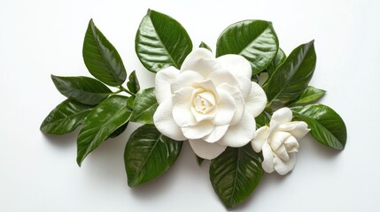 White gardenia flowers with dark green leaves on white background.