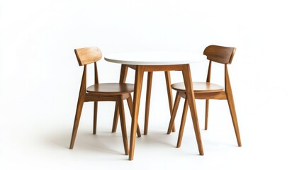White round table with two wooden chairs on white background.