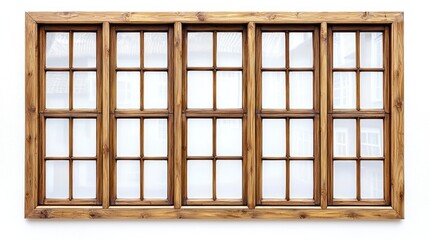 Set of wooden windows with large square panes and light wood finish on white background.