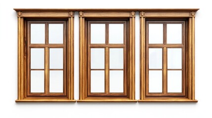 Set of wooden windows with wide glass panels and natural wood trim on a white background.