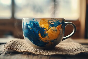 A vibrant painted mug steaming warmly on a burlap placemat.