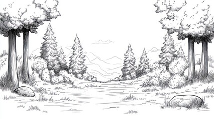 Forest path sketch, landscape view, artistic drawing, for background use